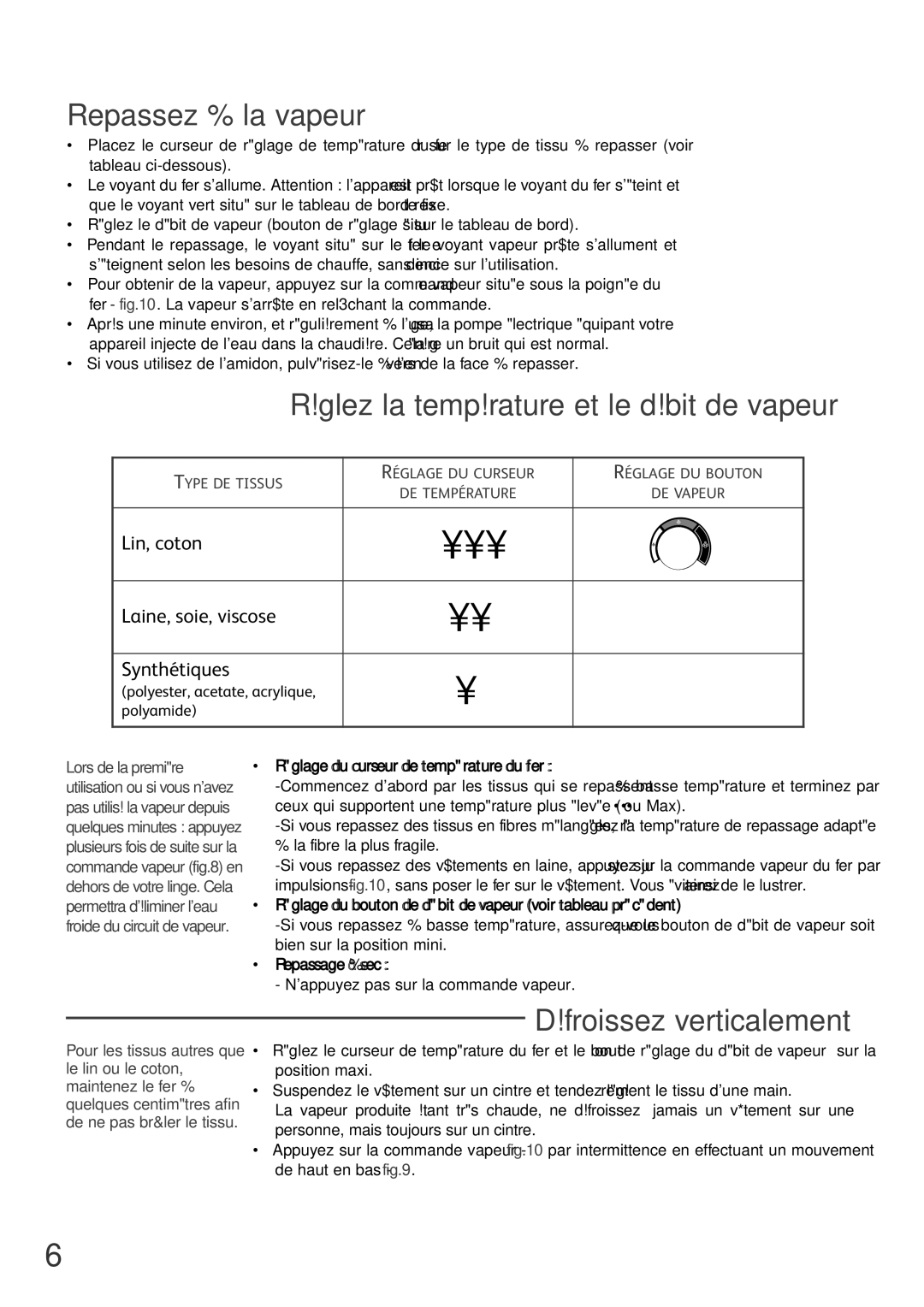 Tefal GV8430G0 Utilisation, Repassez à la vapeur, Réglez la température et le débit de vapeur, Défroissez verticalement 