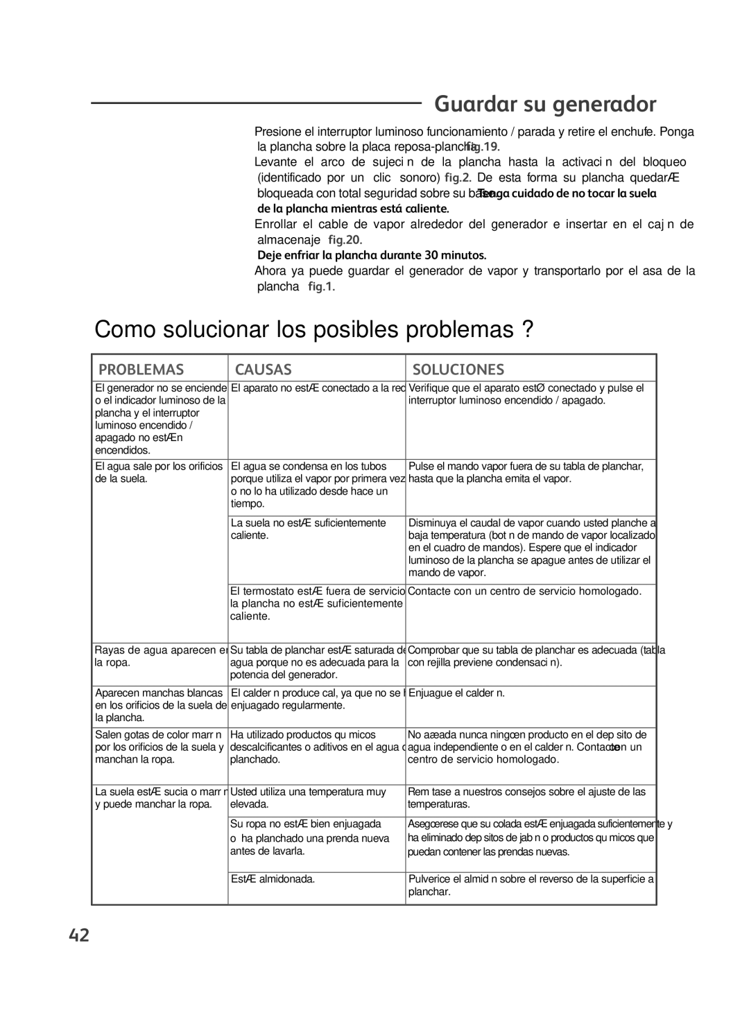 Tefal GV8500S0, GV8500C0 manual Guardar su generador, Como solucionar los posibles problemas ?, Problemas Causas Soluciones 