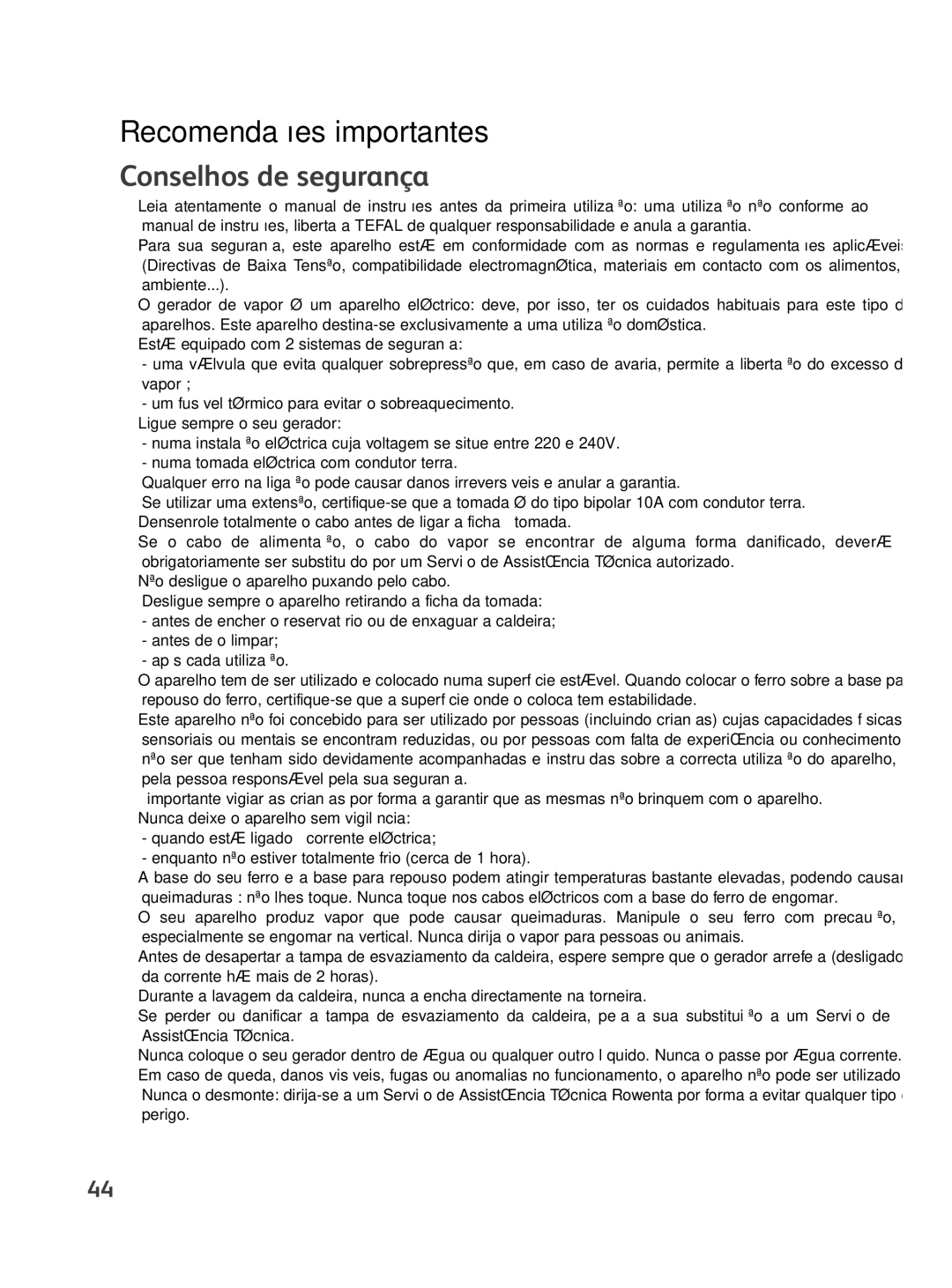 Tefal GV8500GM, GV8500C0, GV8500E0, GV8500S0, GV8500K0, GV8500G8, GV8500G0 Recomendações importantes, Conselhos de segurança 