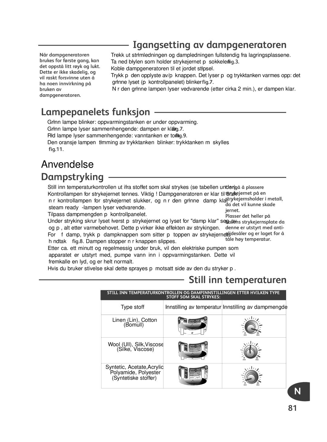 Tefal GV8500G0 Igangsetting av dampgeneratoren, Lampepanelets funksjon, Anvendelse, Dampstryking, Still inn temperaturen 