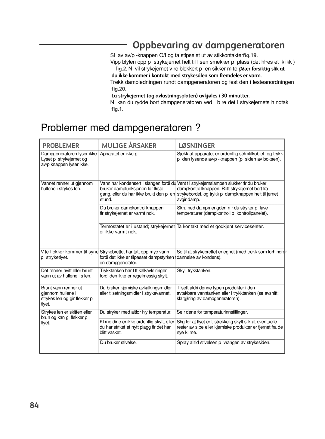 Tefal GV8500S0 manual Oppbevaring av dampgeneratoren, Problemer med dampgeneratoren ?, Problemer Mulige Årsaker Løsninger 