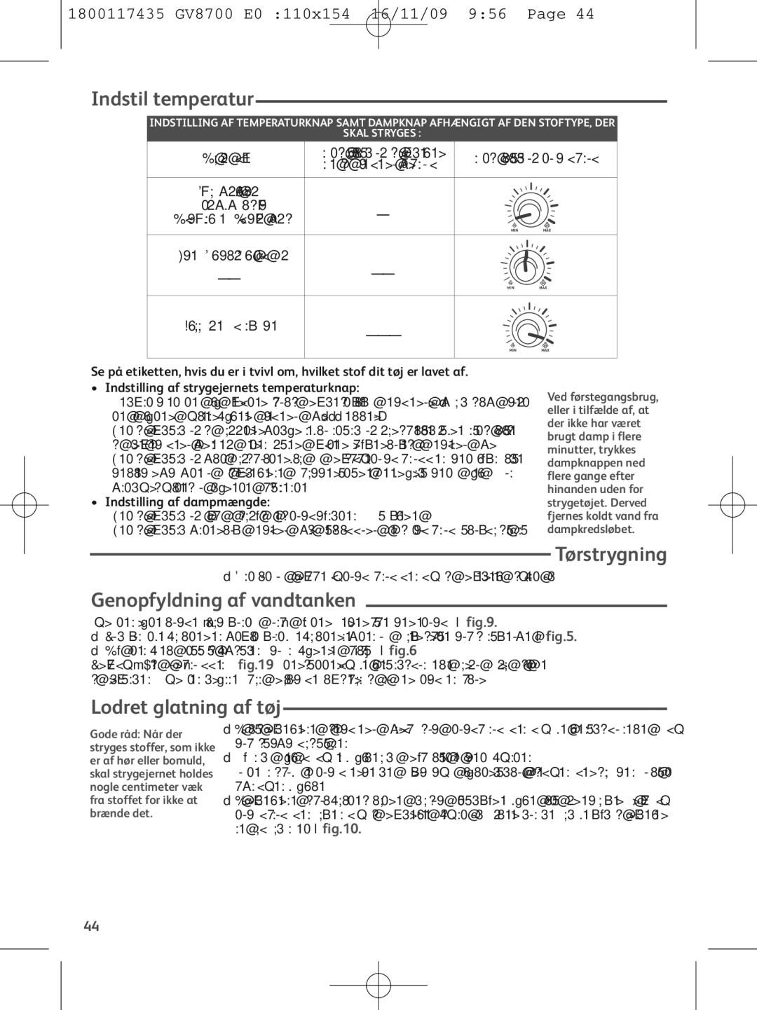 Tefal GV8700E0, GV8700G0, GV8700S0 Indstil temperatur, Tørstrygning, Genopfyldning af vandtanken, Lodret glatning af tøj 