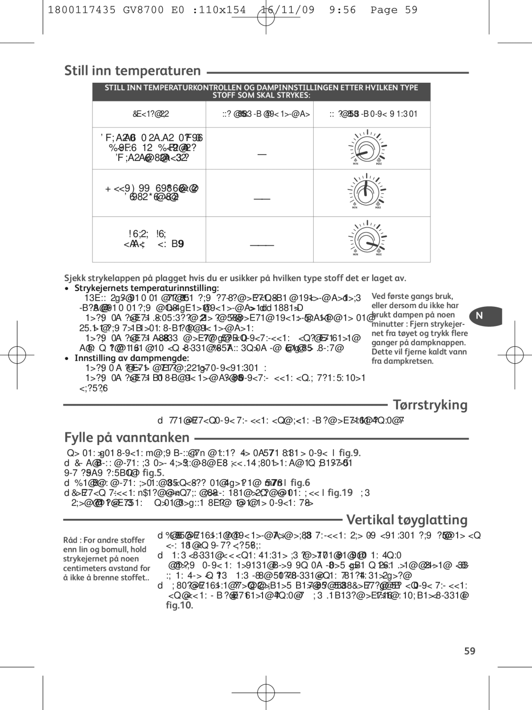 Tefal GV8700C0 Still inn temperaturen, Tørrstryking, Fylle på vanntanken, Vertikal tøyglatting, Innstilling av dampmengde 