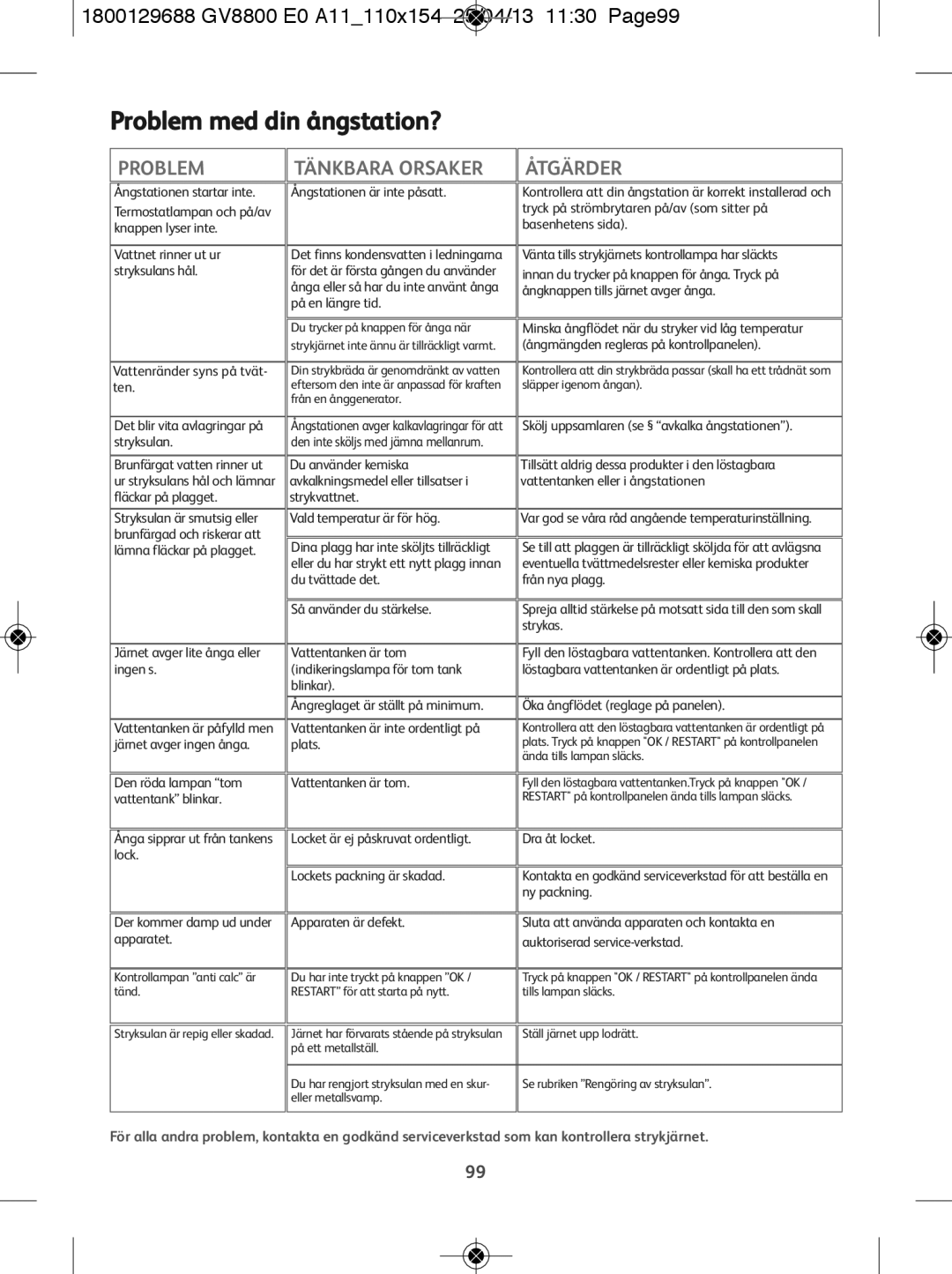 Tefal GV8800E0, GV8800C0 manual Problem med din ångstation?, 1800129688 GV8800 E0 A11110x154 25/04/13 1130 Page99 