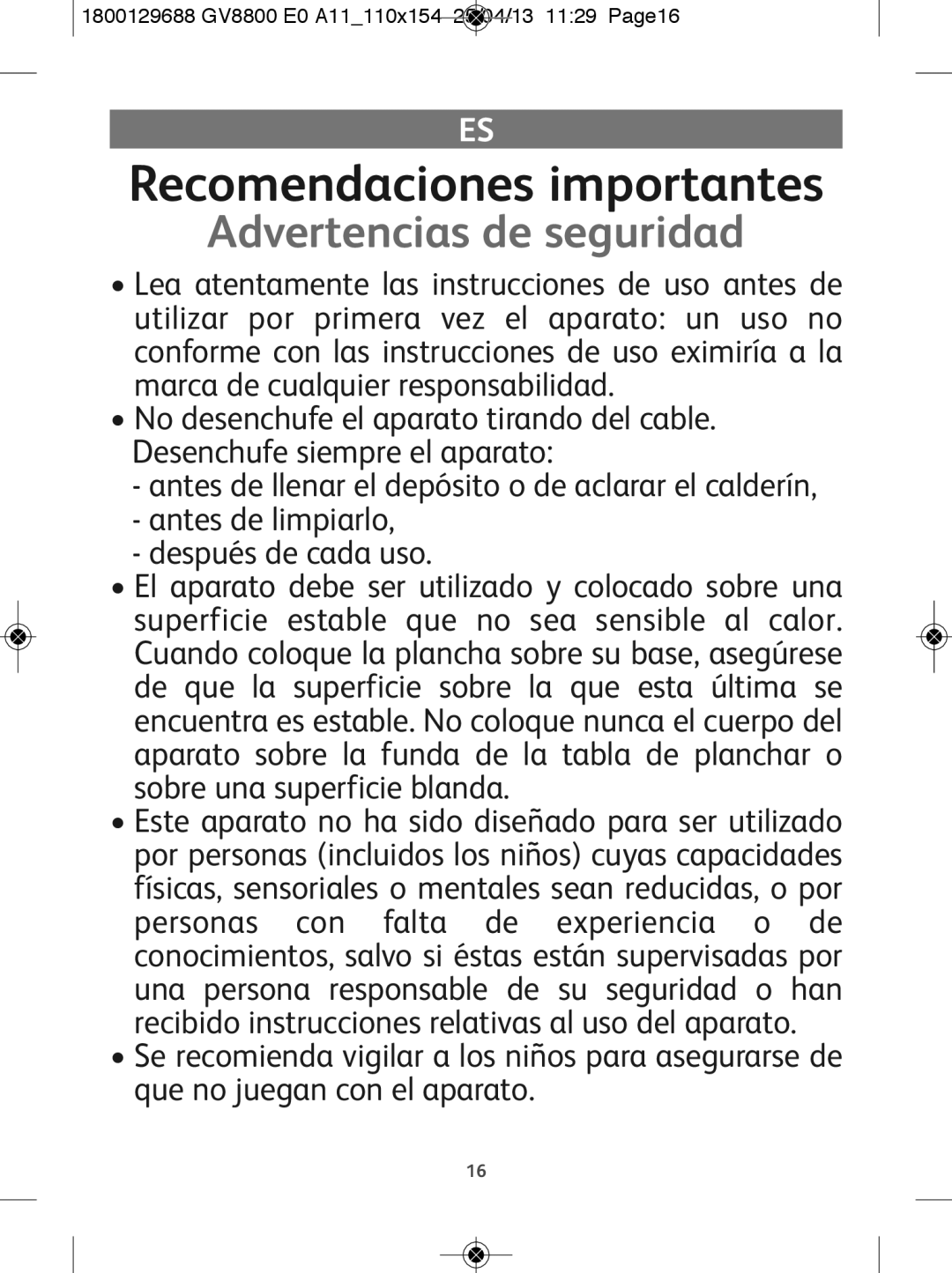 Tefal GV8800C0, GV8800E0 manual Recomendaciones importantes, Advertencias de seguridad 