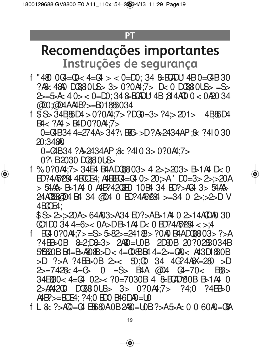 Tefal GV8800E0 Recomendações importantes, Instruções de segurança, 1800129688 GV8800 E0 A11110x154 25/04/13 1129 Page19 