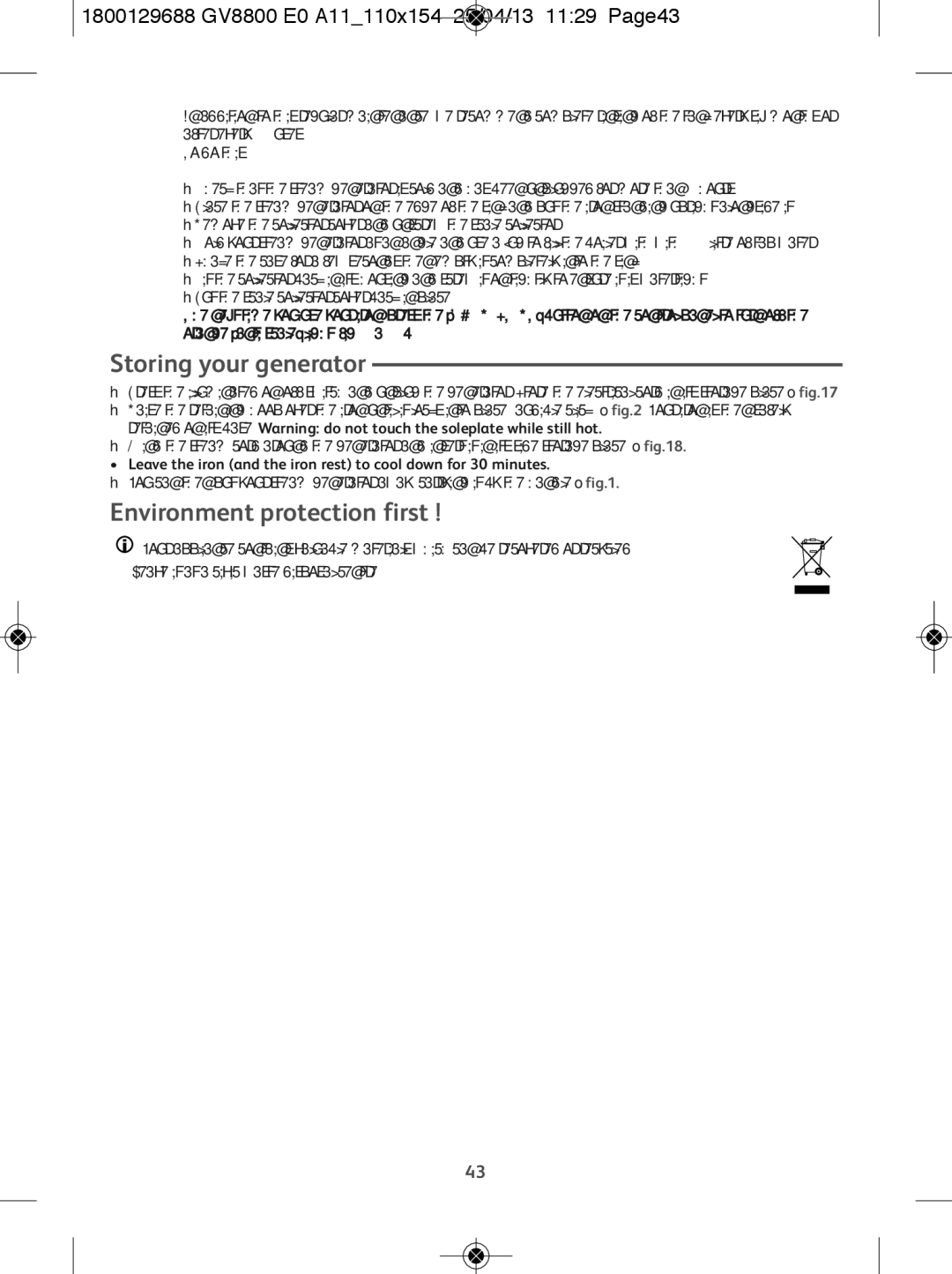 Tefal GV8800E0 Storing your generator, Environment protection first, 1800129688 GV8800 E0 A11110x154 25/04/13 1129 Page43 