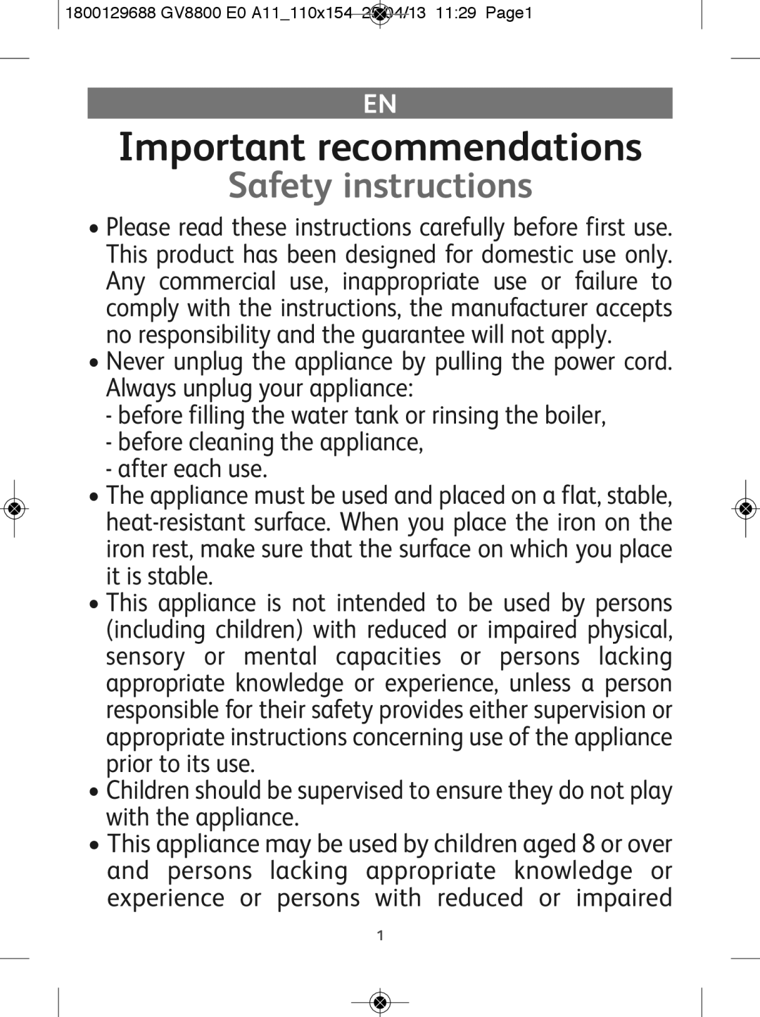 Tefal GV8800E0, GV8800C0 manual Important recommendations, Safety instructions 