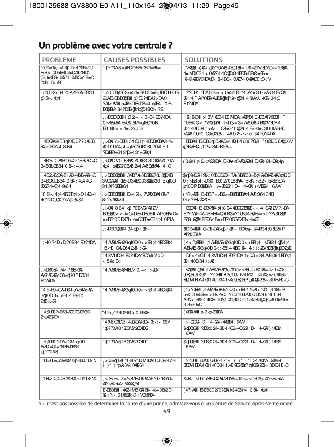 Tefal GV8800E0, GV8800C0 Un problème avec votre centrale ?, 1800129688 GV8800 E0 A11110x154 25/04/13 1129 Page49, Probleme 
