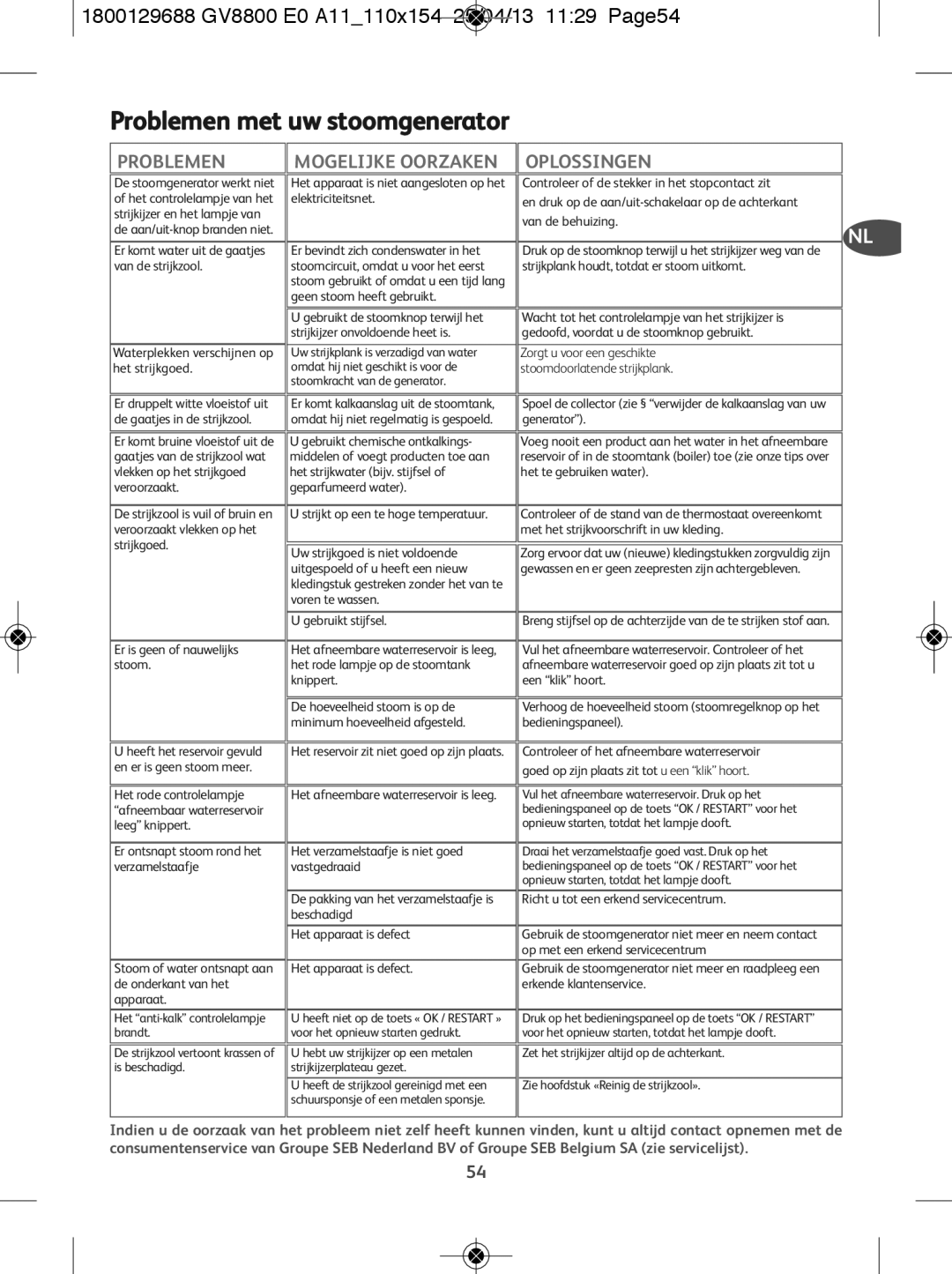 Tefal GV8800C0 manual Problemen met uw stoomgenerator, 1800129688 GV8800 E0 A11110x154 25/04/13 1129 Page54, Oplossingen 