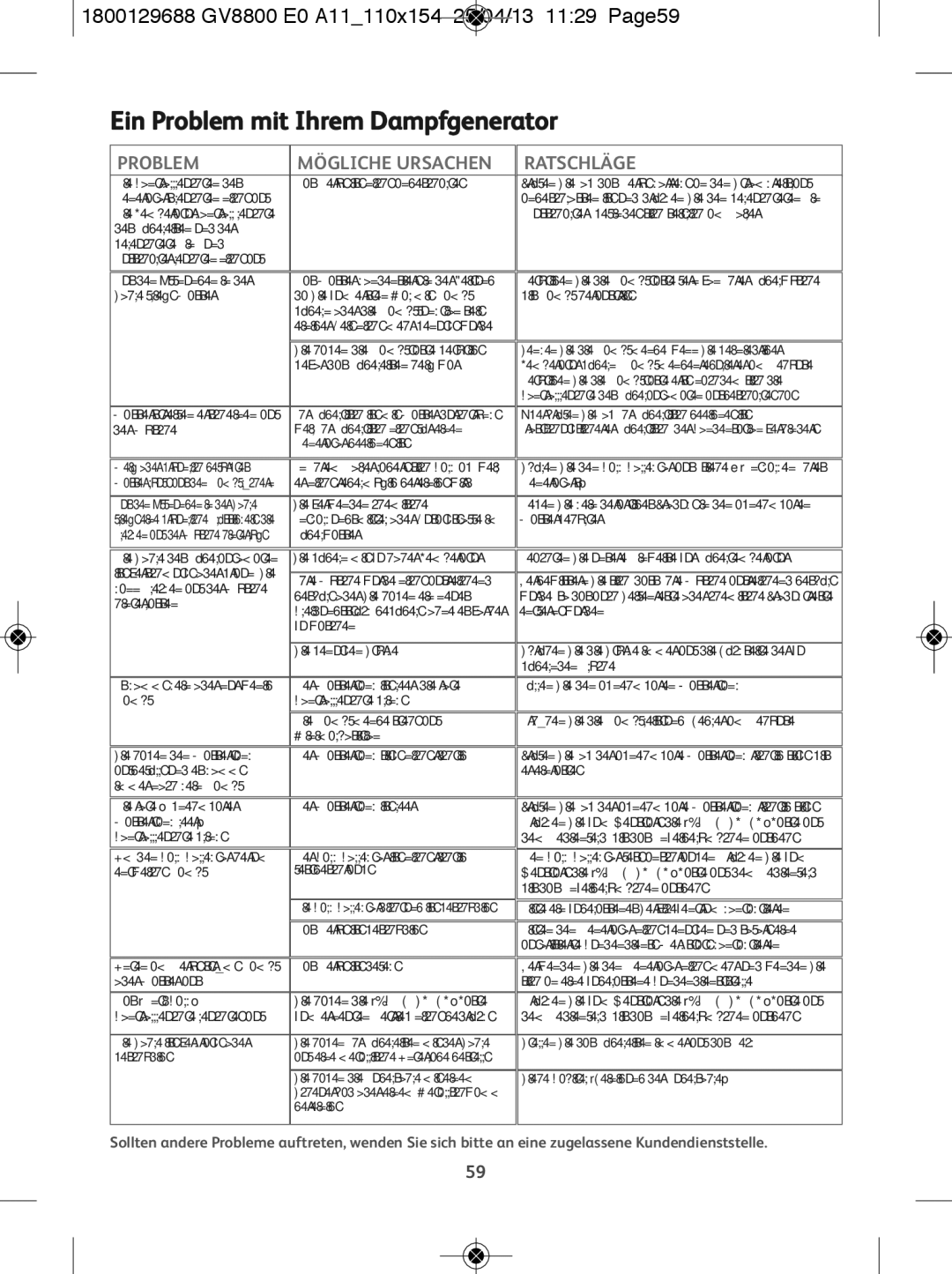 Tefal GV8800E0 Ein Problem mit Ihrem Dampfgenerator, 1800129688 GV8800 E0 A11110x154 25/04/13 1129 Page59, Ratschläge 