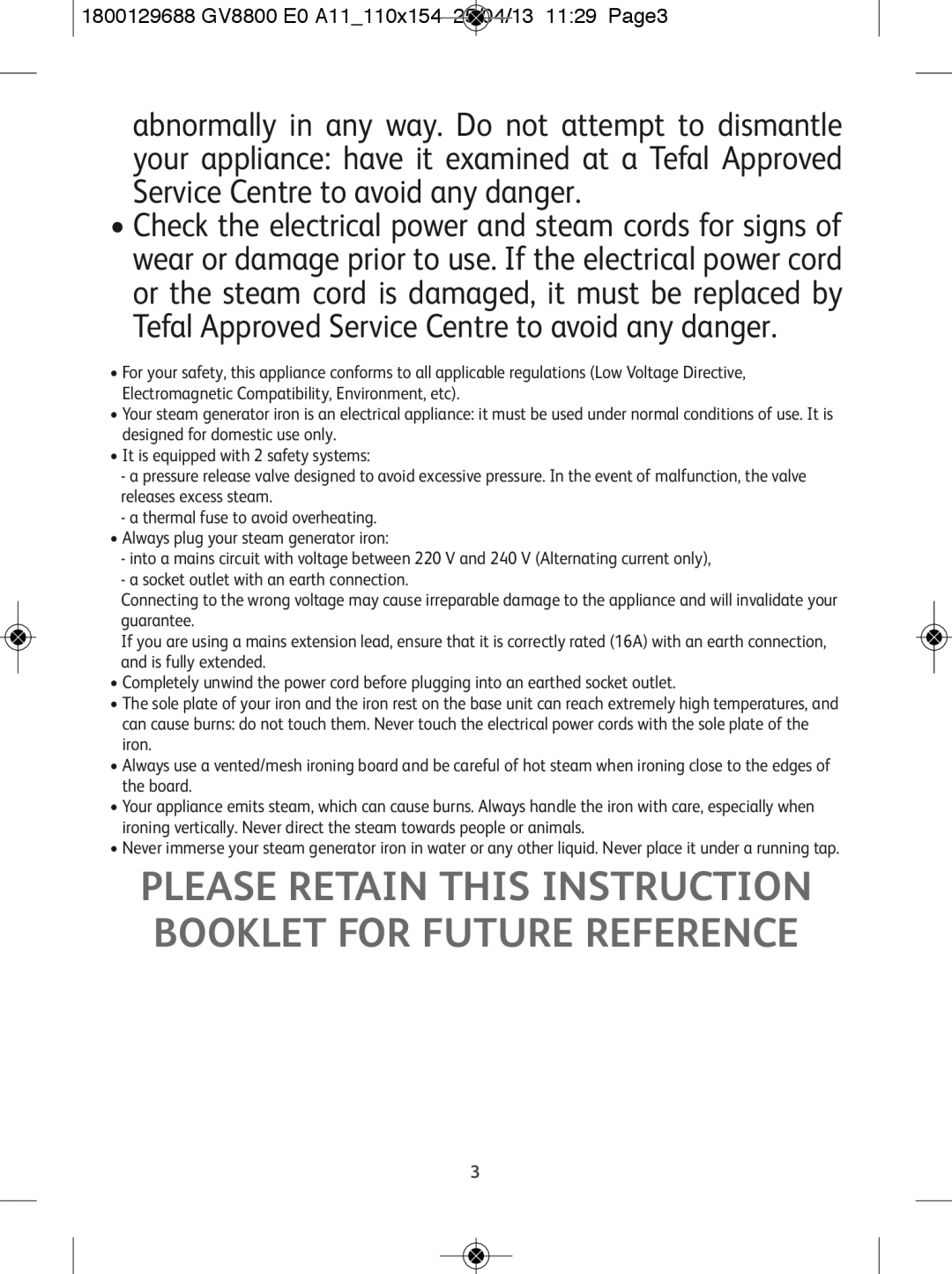 Tefal GV8800E0, GV8800C0 manual Please Retain this Instruction Booklet for Future Reference 