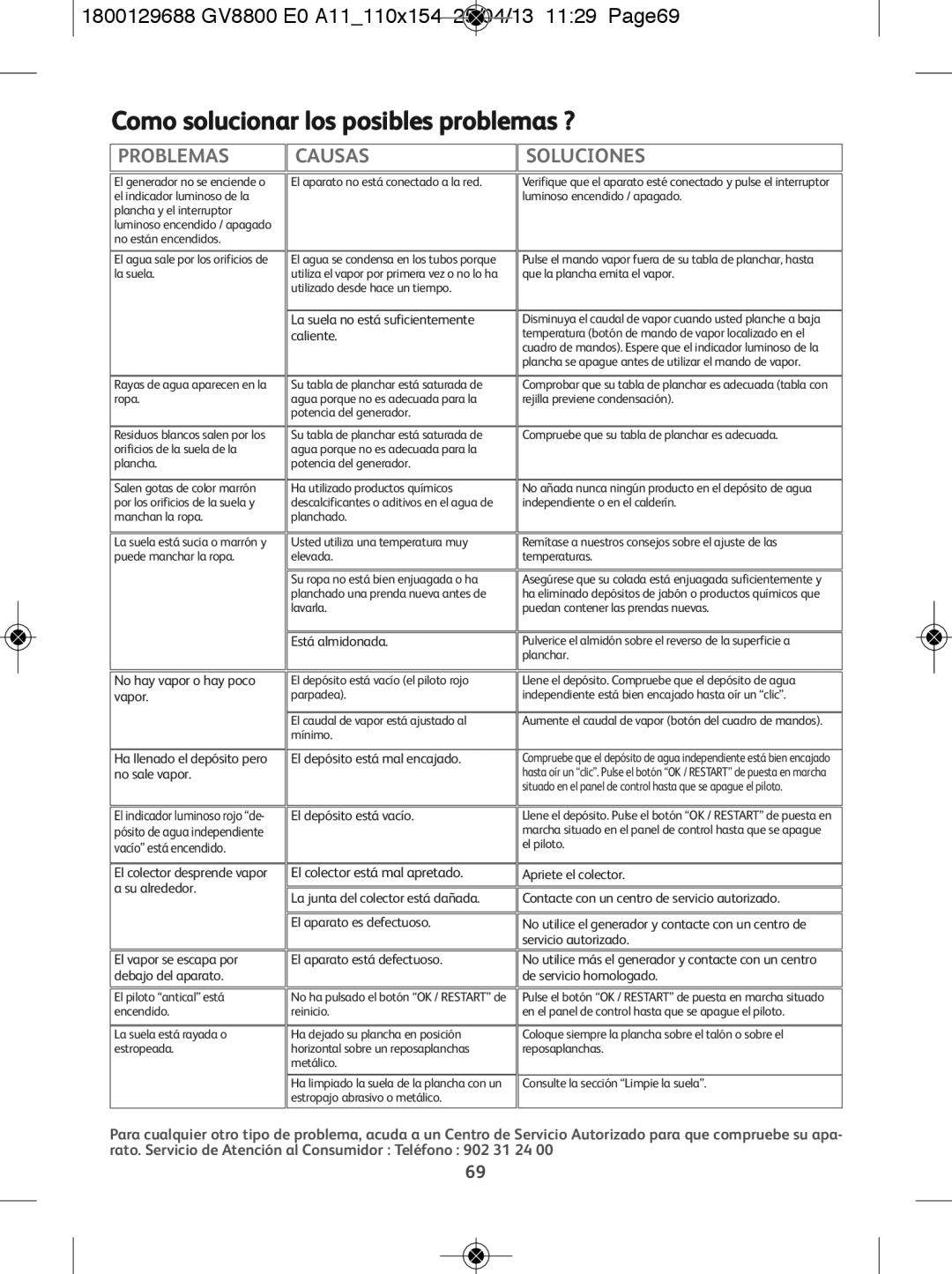 Tefal GV8800E0 Como solucionar los posibles problemas ?, 1800129688 GV8800 E0 A11110x154 25/04/13 1129 Page69, Problemas 