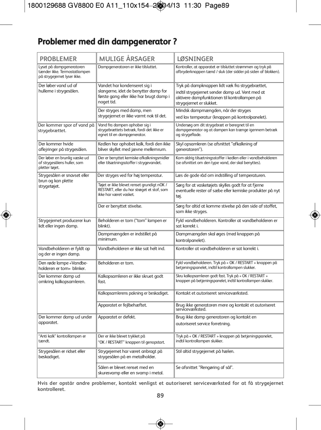 Tefal GV8800E0, GV8800C0 manual Problemer med din dampgenerator ?, 1800129688 GV8800 E0 A11110x154 25/04/13 1130 Page89 