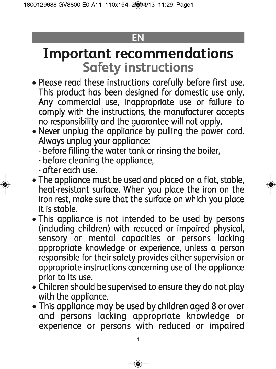 Tefal GV8800E0, GV8800C0 manual Important recommendations, Safety instructions 