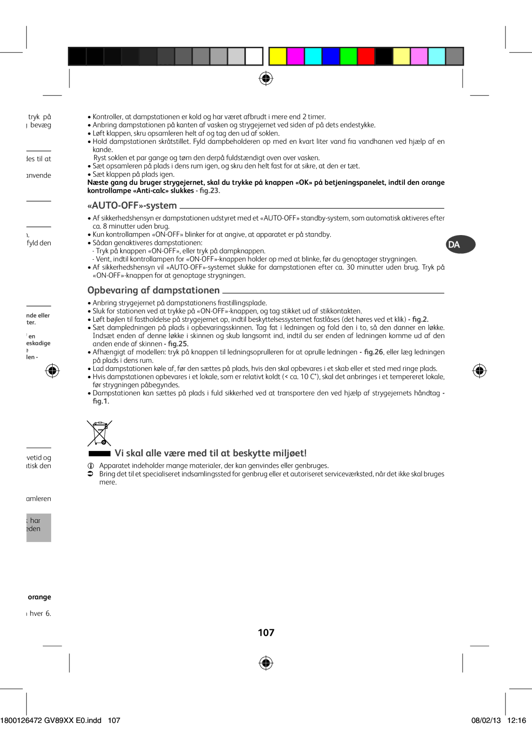 Tefal GV8925G0, GV8925E0, GV8925C0 «AUTO-OFF»-system, Opbevaring af dampstationen, Kontrollampe «Anti-calc» slukkes- ﬁg.23 