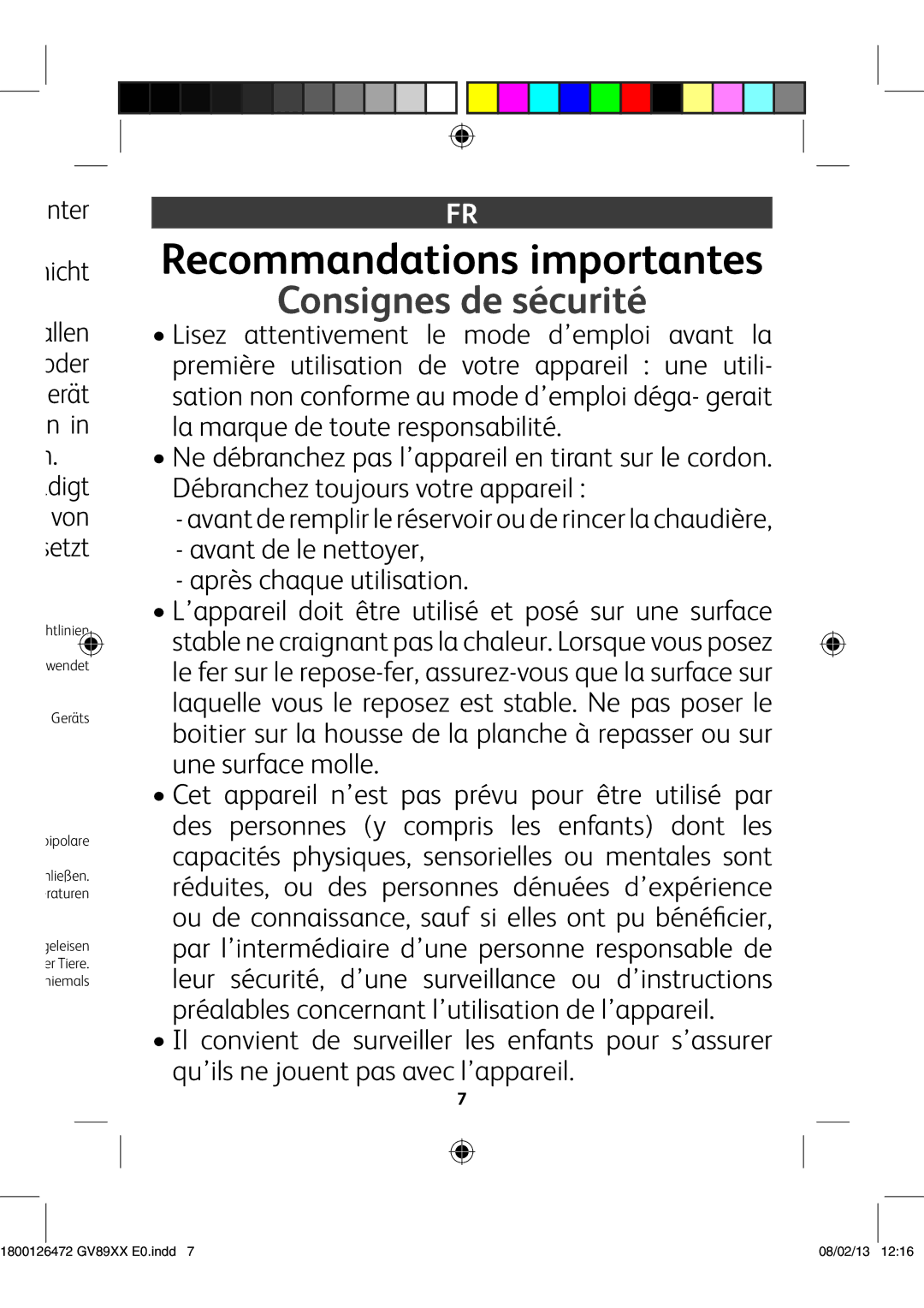 Tefal GV8925C0, GV8925E0, GV8925G0 manual Recommandations importantes, Consignes de sécurité, CiZg CXi, AZ›Zc# gVijgZc 