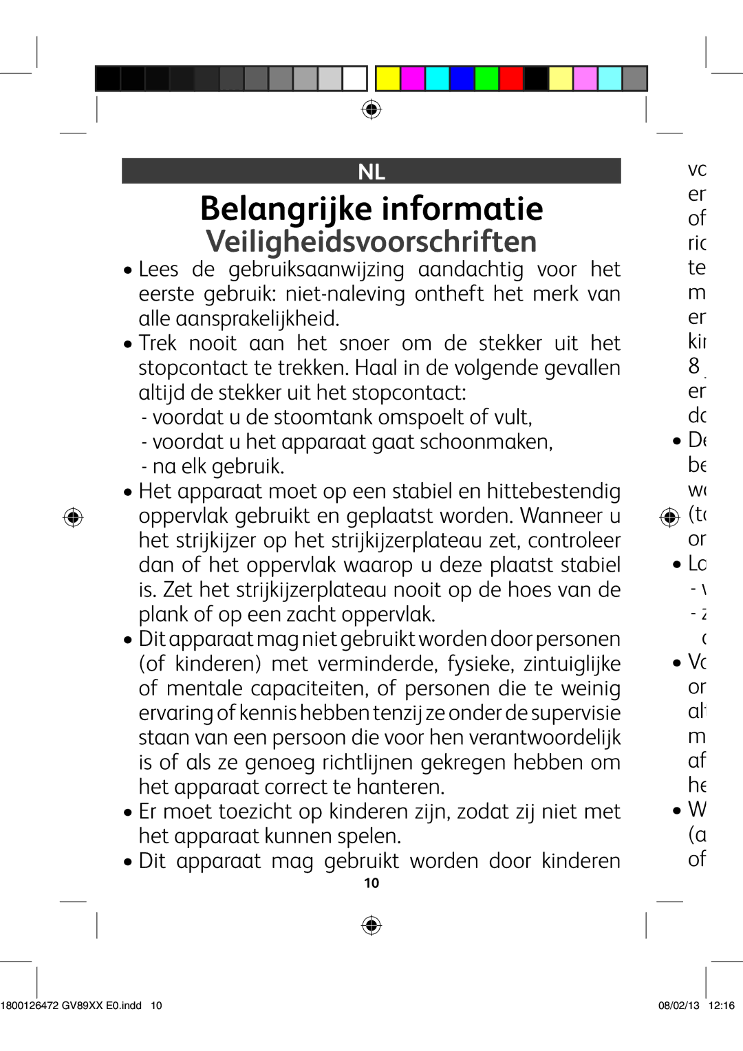 Tefal GV8925C0 manual Belangrijke informatie, Veiligheidsvoorschriften,  kddgYVijYZhiddbiVc`dbhedZaidkjai!, ™L 