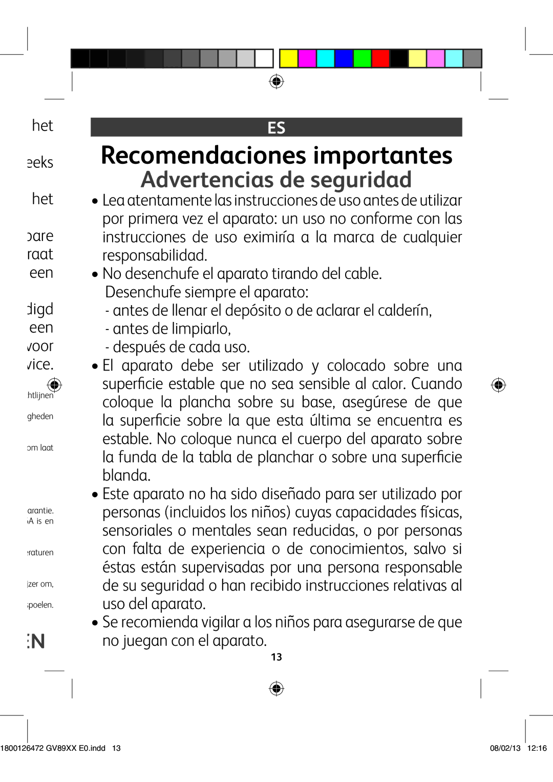 Tefal GV8925C0, GV8925E0, GV8925G0 manual Recomendaciones importantes, Advertencias de seguridad,  Zi ZZ`h 