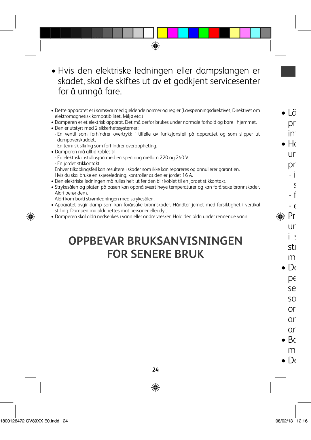 Tefal GV8925E0, GV8925C0, GV8925G0 manual Oppbevar Bruksanvisningen For Senere Bruk 