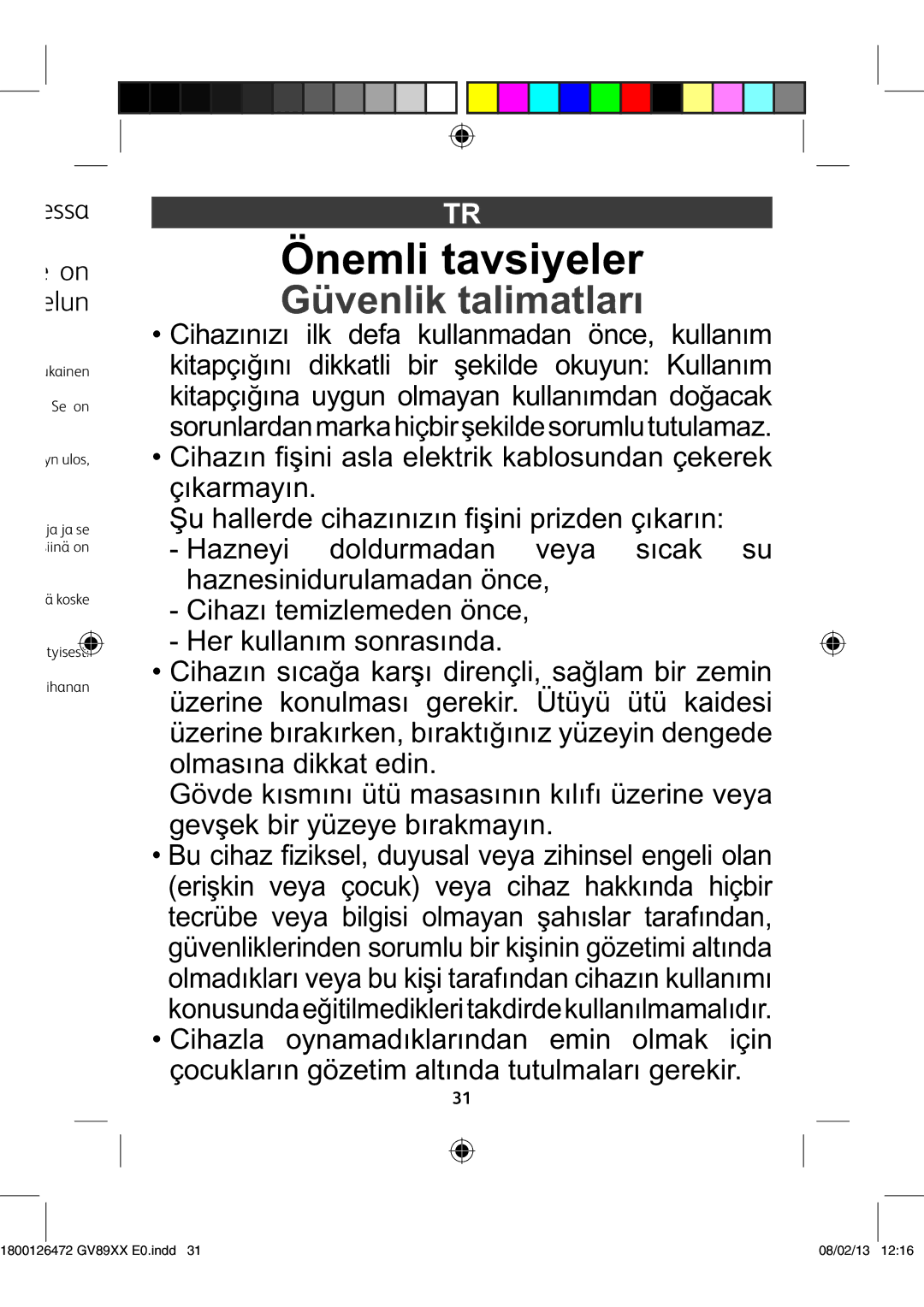 Tefal GV8925C0, GV8925E0, GV8925G0 Önemli tavsiyeler, Güvenlik talimatları, ZhhV,  dc Zajc `VcZc  HZ dc Ncjadh! 