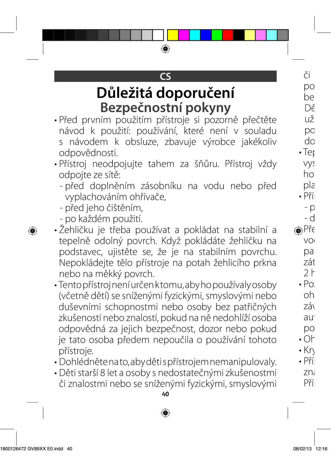 Tefal GV8925C0 Důležitá doporučení, Bezpečnostní pokyny, Peqpwşeoptuj,  QżFEKFIPŘJÝUŞOÓN  QPLBäEÏNQPVäJUÓ 