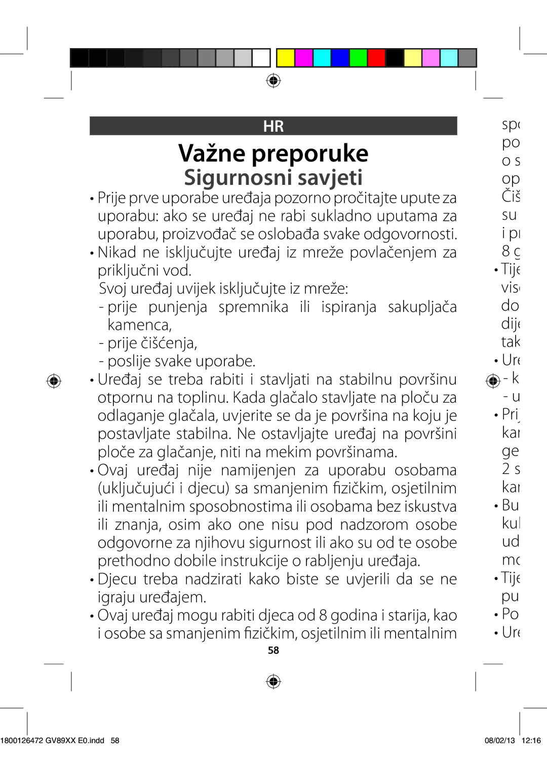 Tefal GV8925C0, GV8925E0, GV8925G0 manual Važne preporuke, Sigurnosni savjeti 