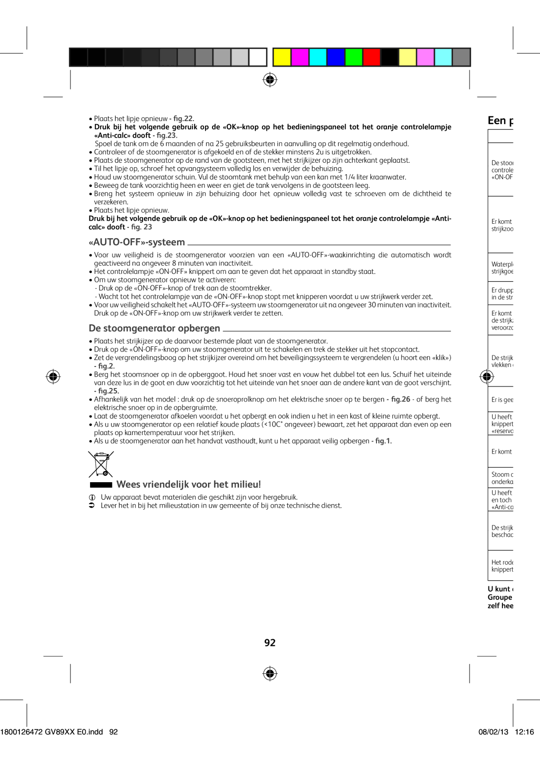 Tefal GV8925G0, GV8925E0 Een p, «AUTO-OFF»-systeem, De stoomgenerator opbergen, Wees vriendelijk voor het milieu, ﬁg.25 