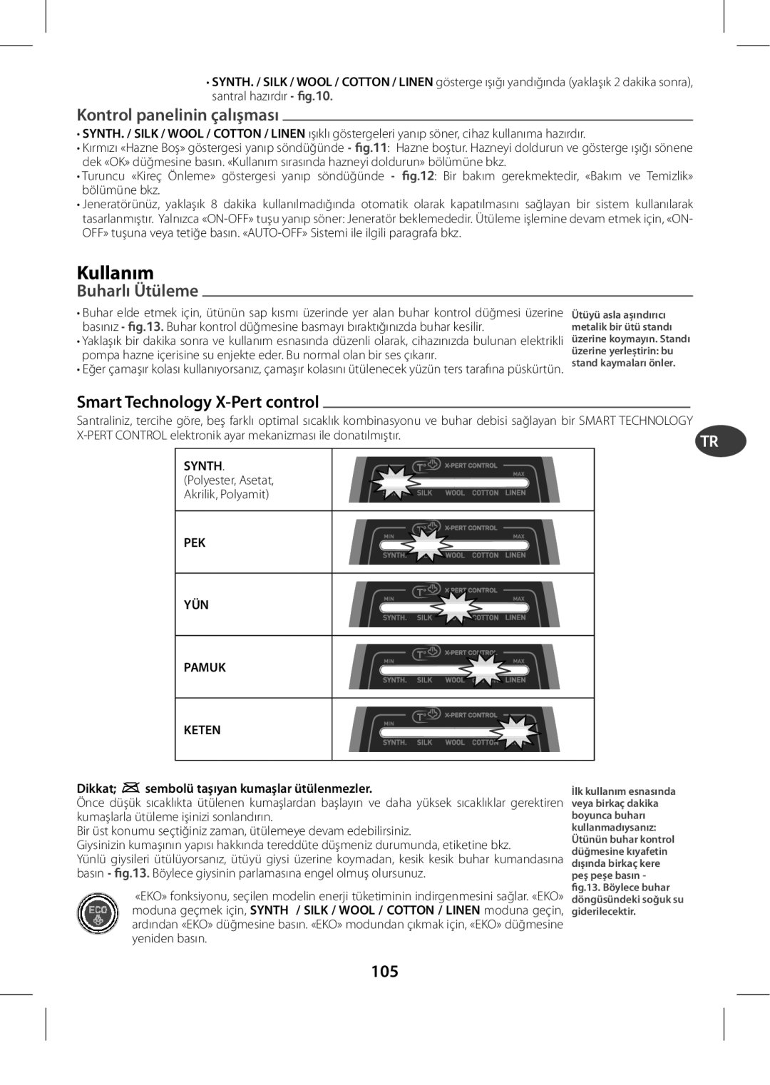 Tefal GV8975E0 manual Kontrol panel, 105, Buharlı Ütüleme 