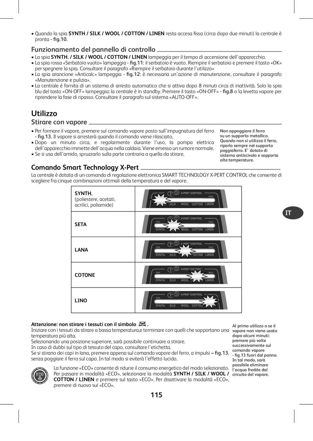 Tefal GV8975E0 Utilizzo, Funzionamento del pannello di controllo, Stirare con vapore, Comando Smart Technology X-Pert, 115 