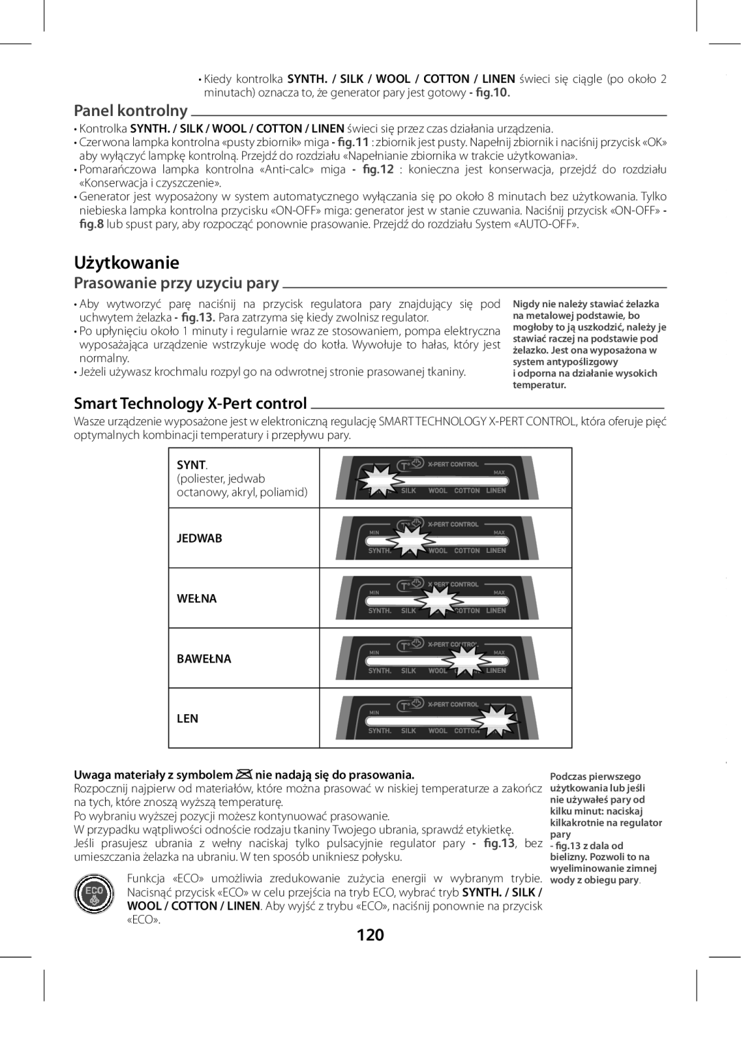 Tefal GV8975E0 manual Użytkowanie, Panel kontrolny, Prasowanie przy uzyciu pary, 120 