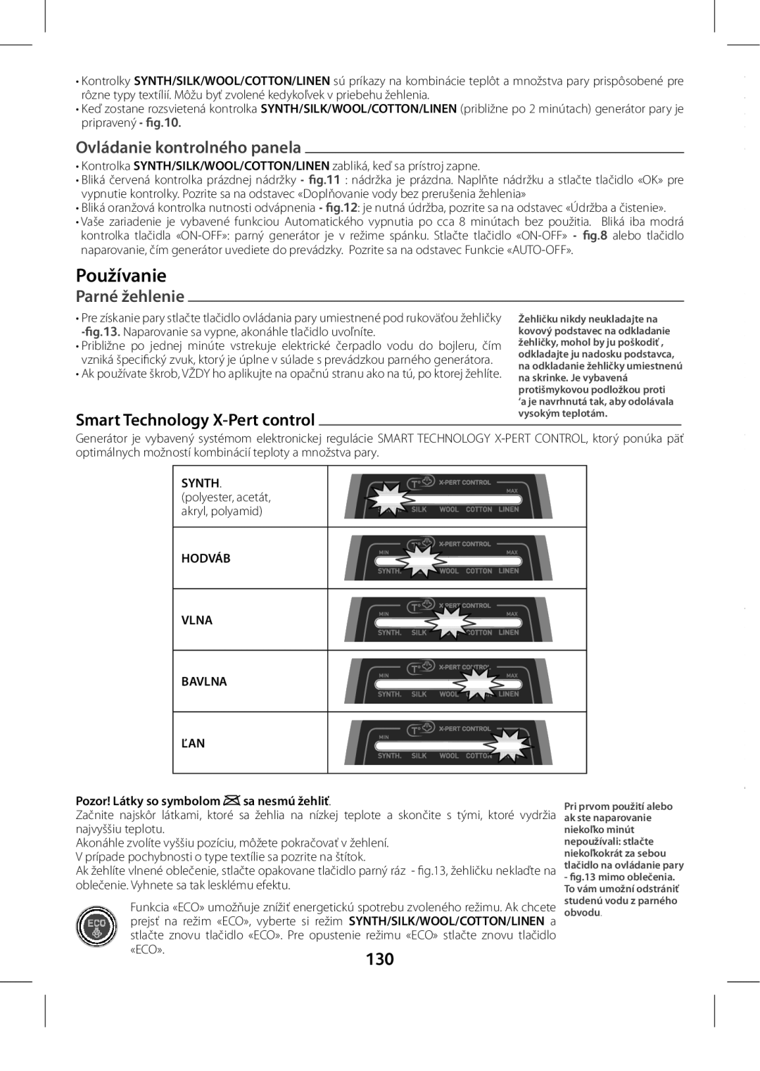 Tefal GV8975E0 manual Používanie, Ovládanie kontrolného panela, Parné žehlenie, 130 