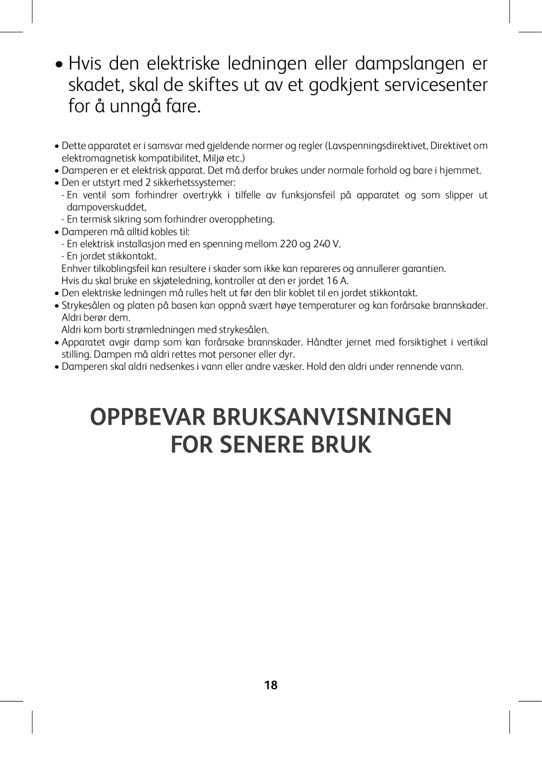 Tefal GV8975E0 manual Oppbevar Bruksanvisningen For Senere Bruk 