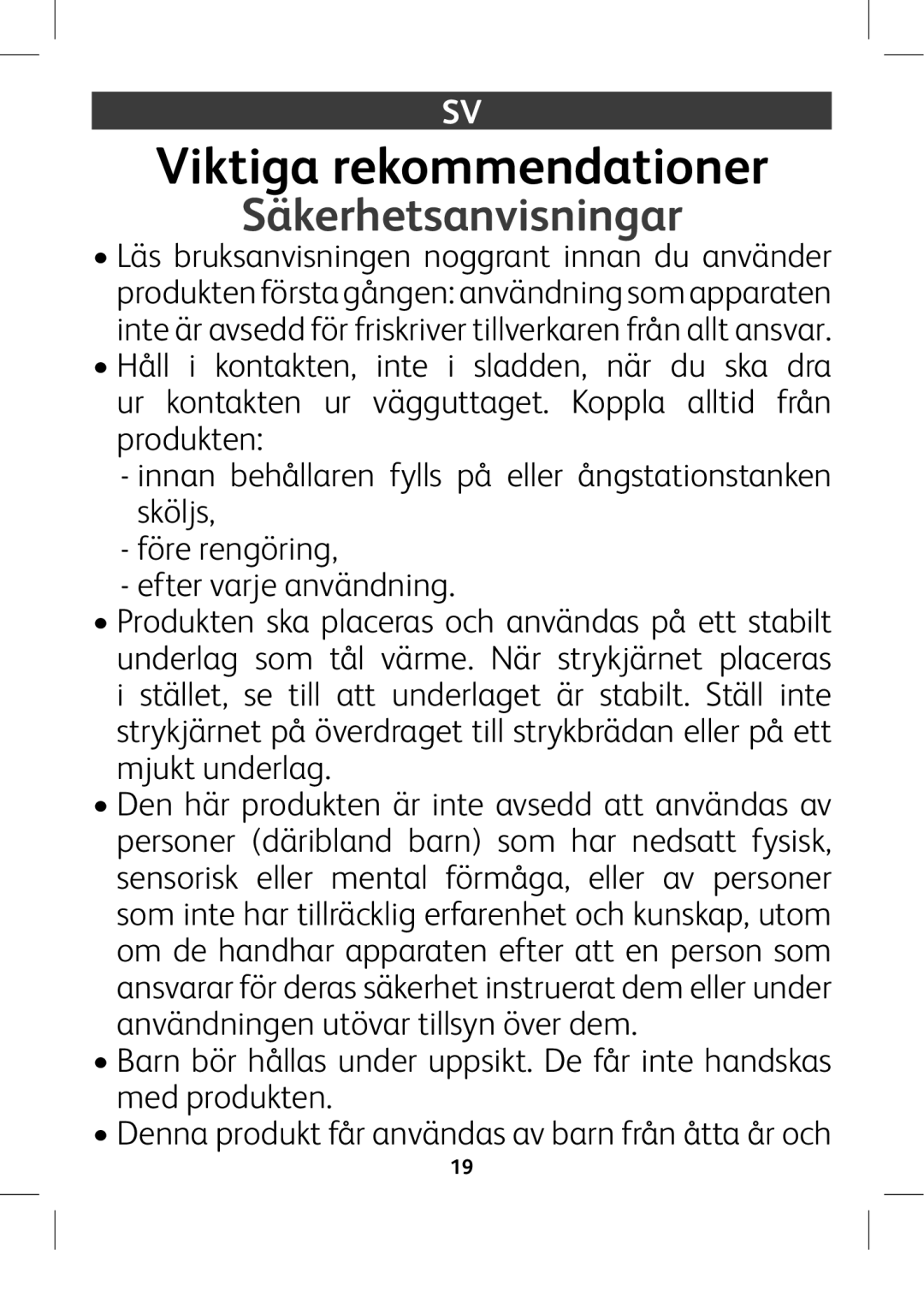 Tefal GV8975E0 manual Viktiga rekommendationer, Säkerhetsanvisningar 