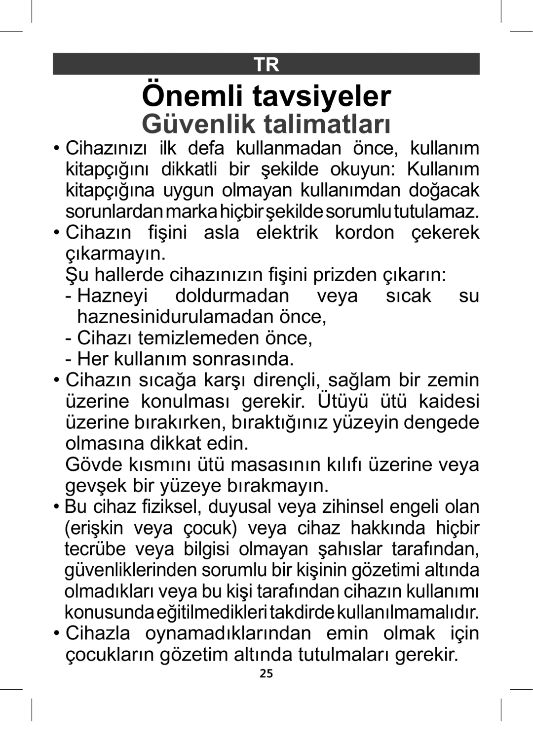 Tefal GV8975E0 manual Önemli tavsiyeler, Güvenlik talimatları 