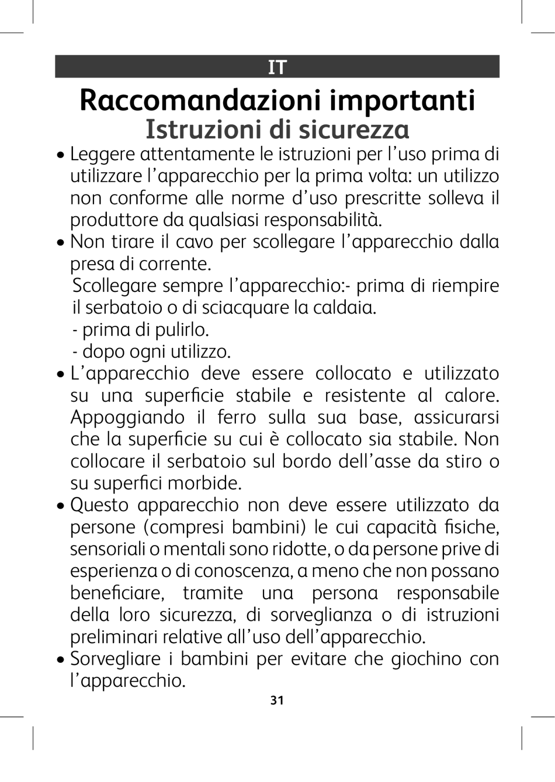 Tefal GV8975E0 manual Raccomandazioni importanti, Istruzioni di sicurezza,  egbVYejagad#  Ydedd\cjiaood# 