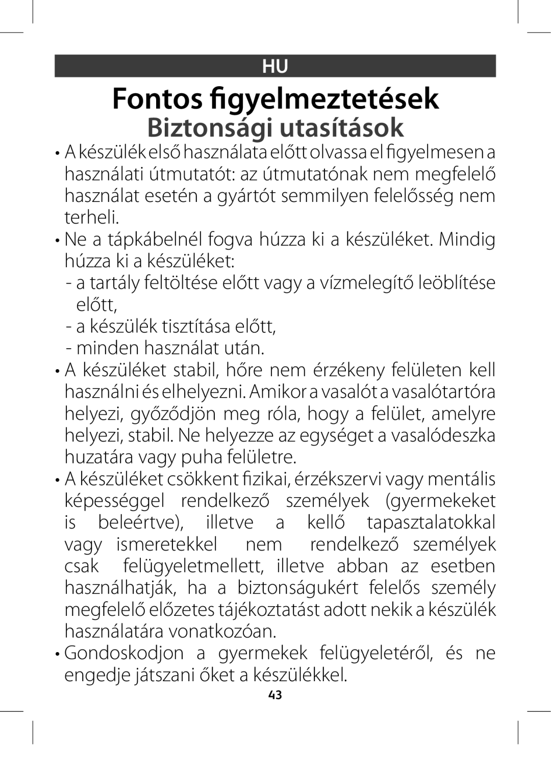 Tefal GV8975E0 manual Fontos elmeztetések, Biztonsági utasítások,  BLÏTàMÏLUJTUÓUÈTBFM UU 