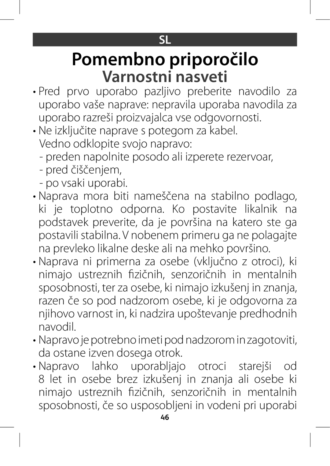 Tefal GV8975E0 manual Pomembno priporočilo, Varnostni nasveti 