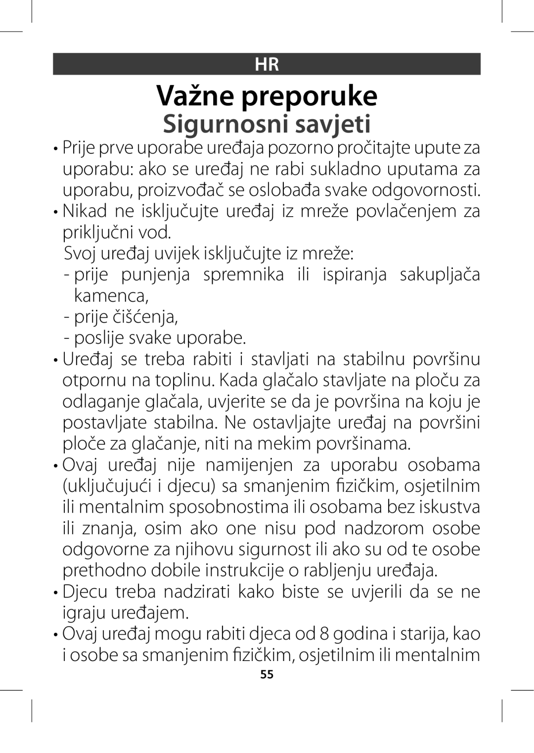 Tefal GV8975E0 manual Važne preporuke, Sigurnosni savjeti,  4WPKVSFŜBKVWJKFLJTLMKVŘVKUFJNSFäF,  QSJKFŘJÝŗFOKB 