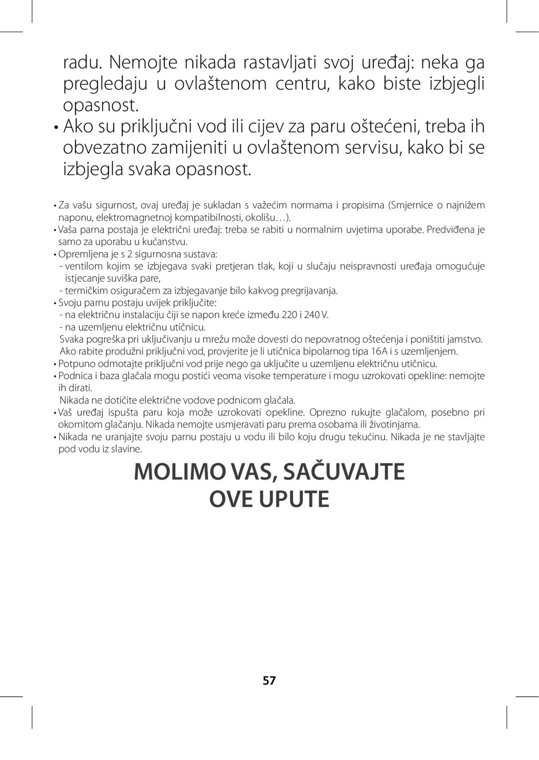 Tefal GV8975E0 manual Molimo VAS, Sačuvajte OVE Upute 