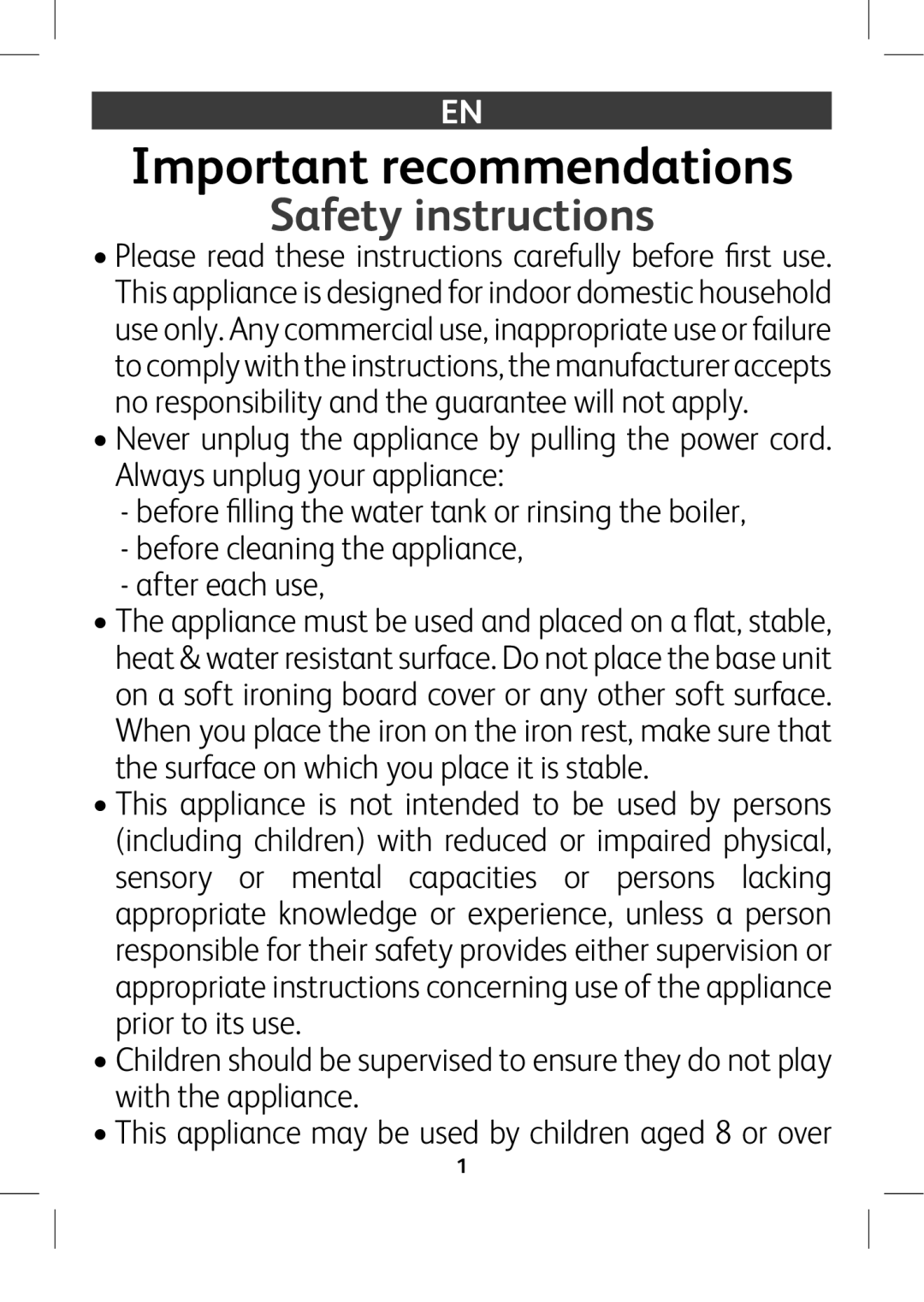 Tefal GV8975E0 manual Important recommendations, Safety instructions 