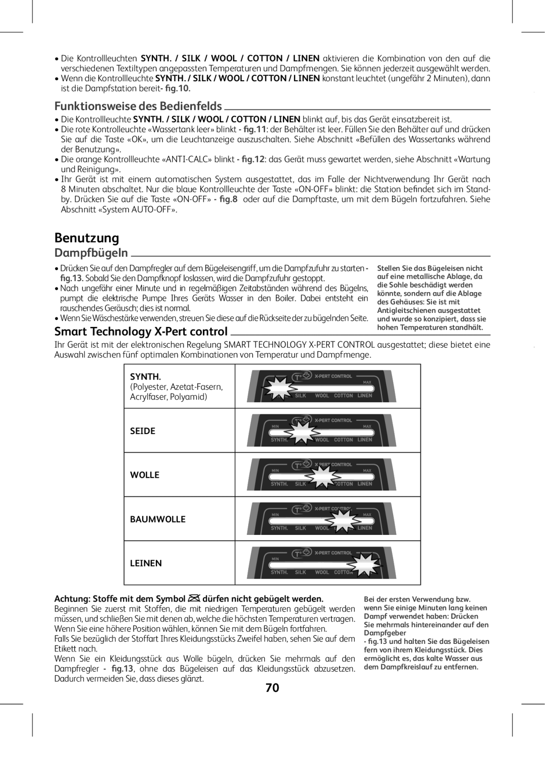 Tefal GV8975E0 manual Benutzung, Funktionsweise des Bedienfelds, Dampfbügeln, Synth, Seide Wolle Baumwolle Leinen 