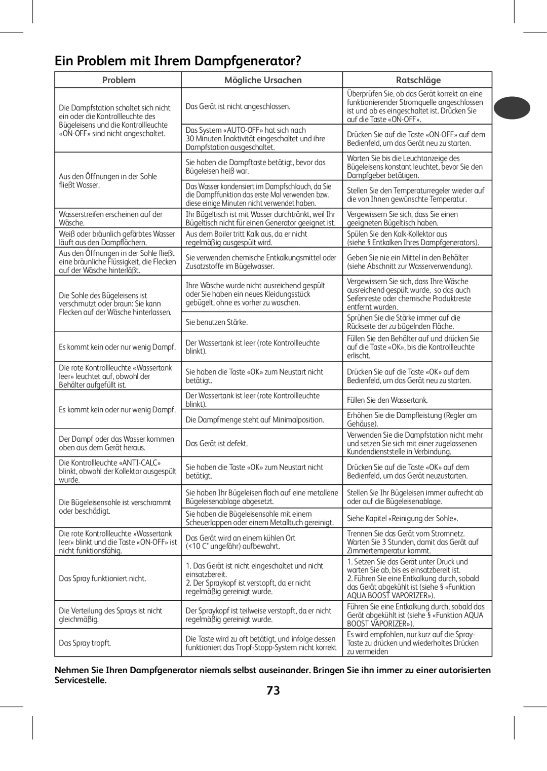 Tefal GV8975E0 manual Ein Problem mit Ihrem Dampfgenerator?, Problem Mögliche Ursachen Ratschläge, Servicestelle 