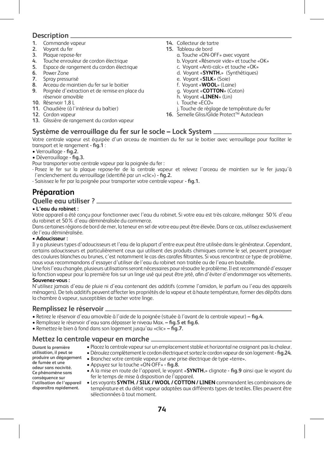 Tefal GV8975E0 manual Préparation, Système de verrouillage du fer sur le socle Lock System, Quelle eau utiliser ? 