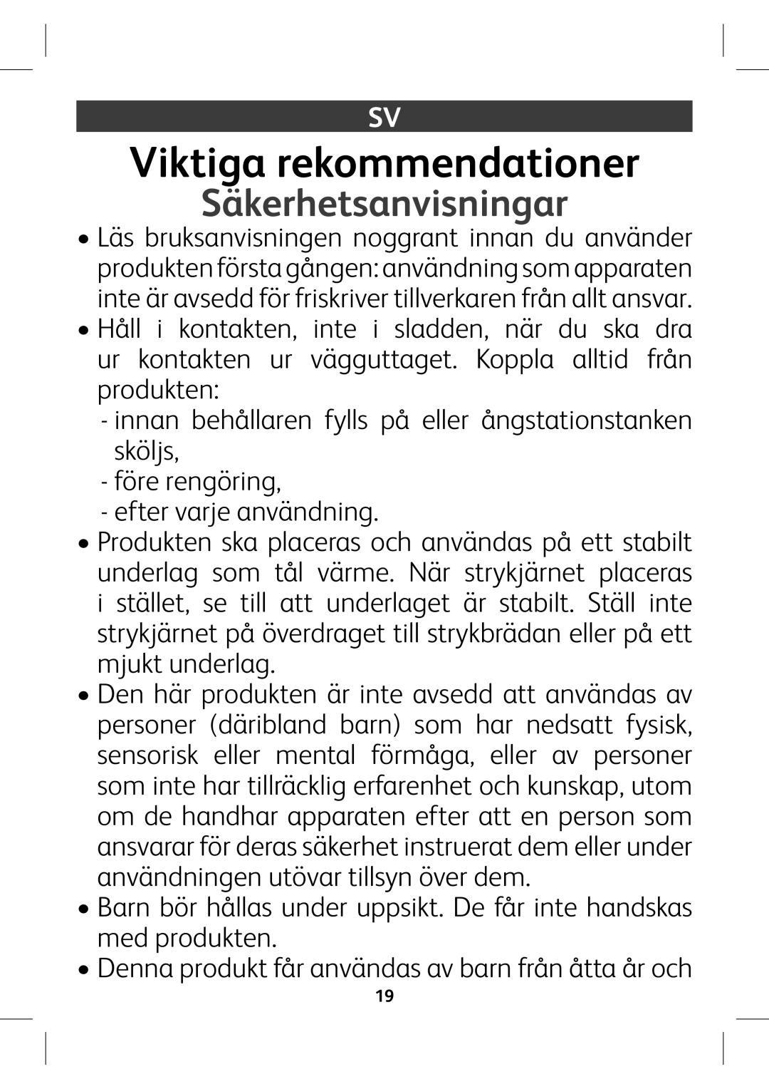 Tefal GV8980E0 manual Viktiga rekommendationer, Säkerhetsanvisningar 