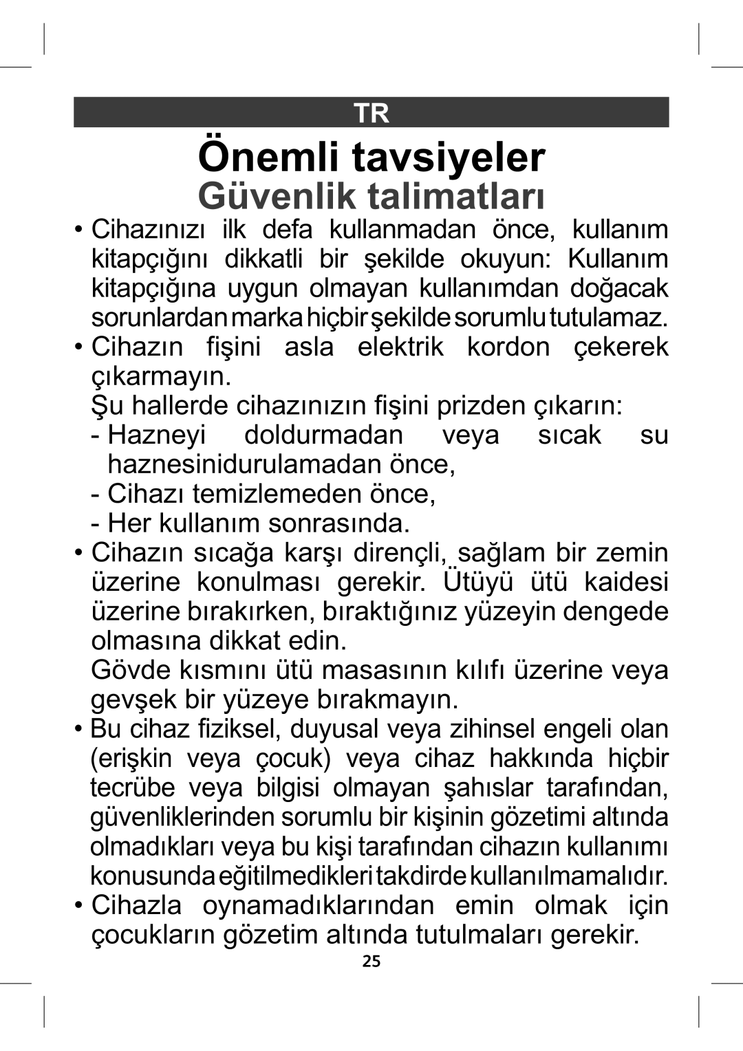 Tefal GV8980E0 manual Önemli tavsiyeler, Güvenlik talimatları 