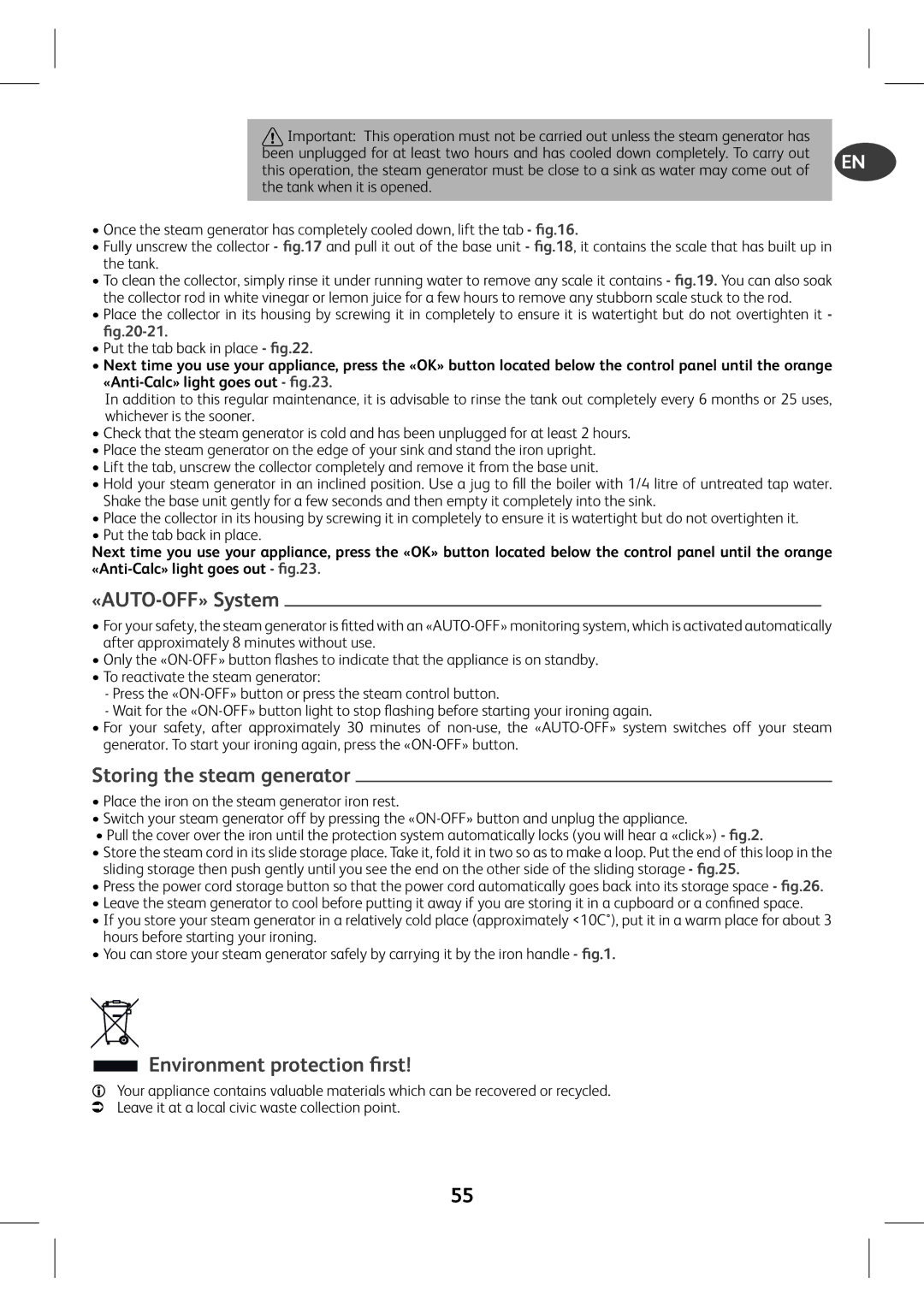 Tefal GV8980E0 manual Environment protection ﬁrst, ﬁg.20-21, «Anti-Calc» light goes out ﬁg.23 