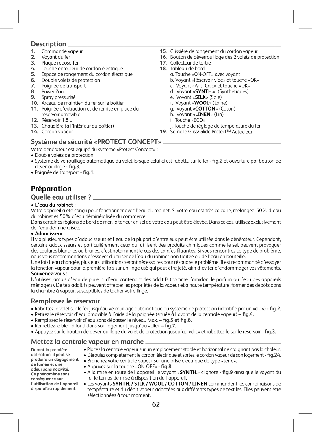 Tefal GV8980E0 manual Préparation, Système de sécurité «PROTECT CONCEPT», Quelle eau utiliser ?, Remplissez le réservoir 