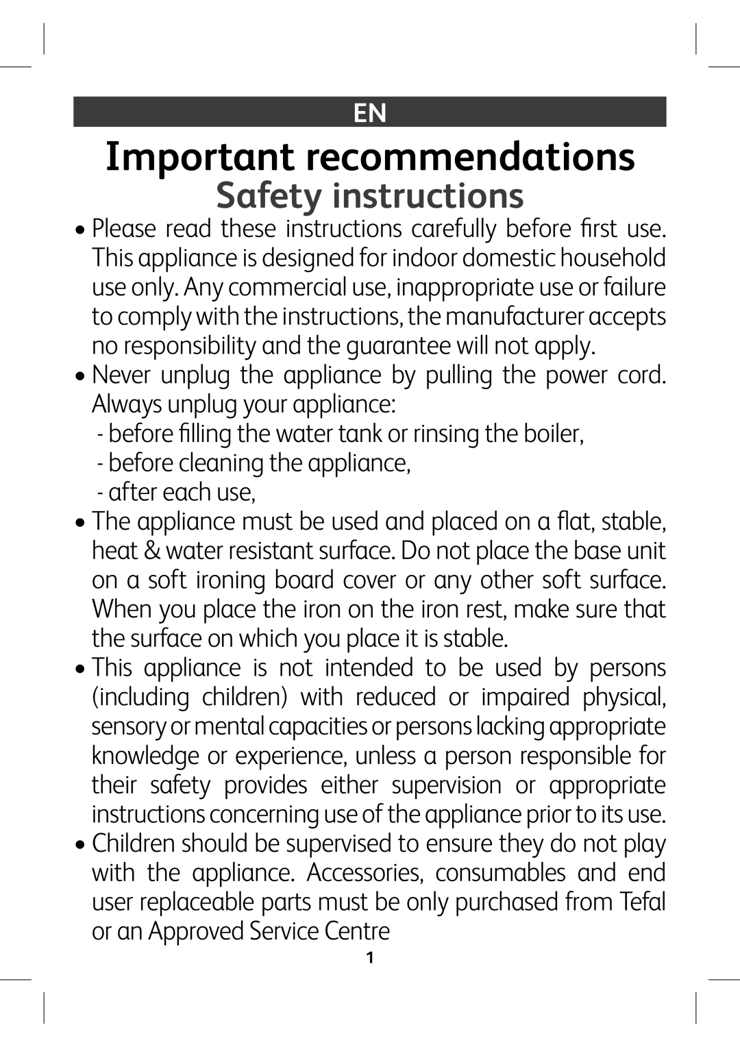 Tefal GV8980E0 manual Important recommendations, Safety instructions,  WZdgZXaZVcc\iZVeeaVcXZ  ViZgZVXjhZ 