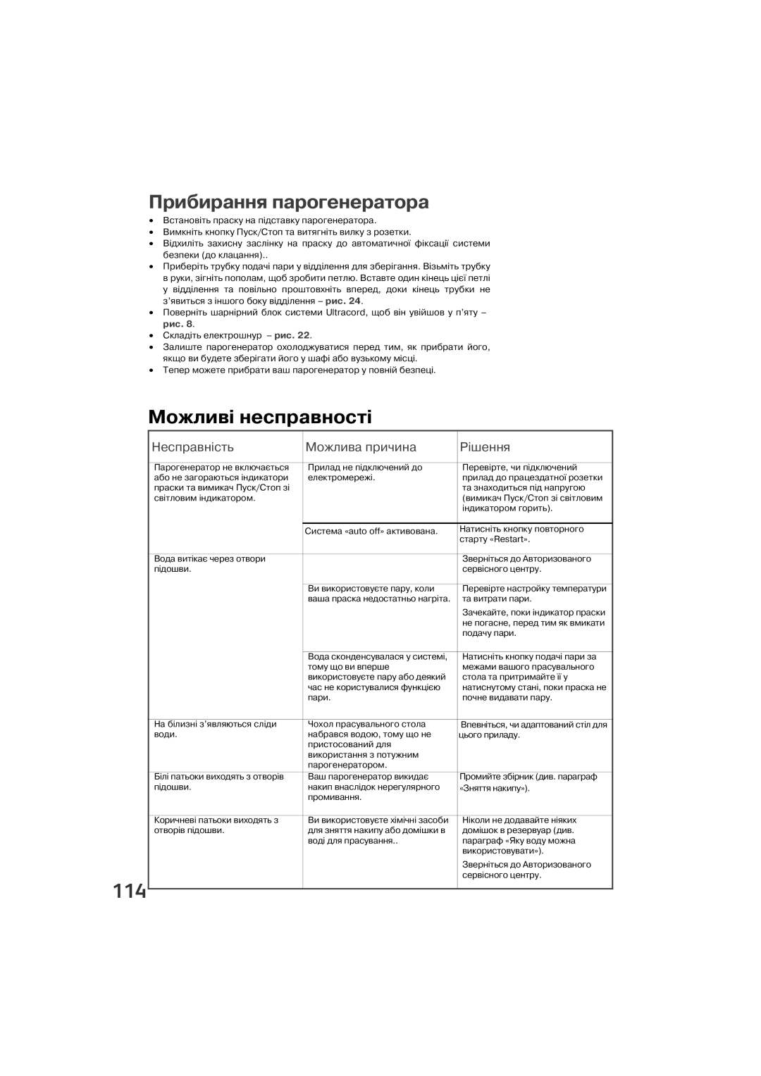 Tefal GV9460E0, GV9460Z0, GV9460G0, GV9460C0 manual 114, Прибирання парогенератора, Можливі несправності 